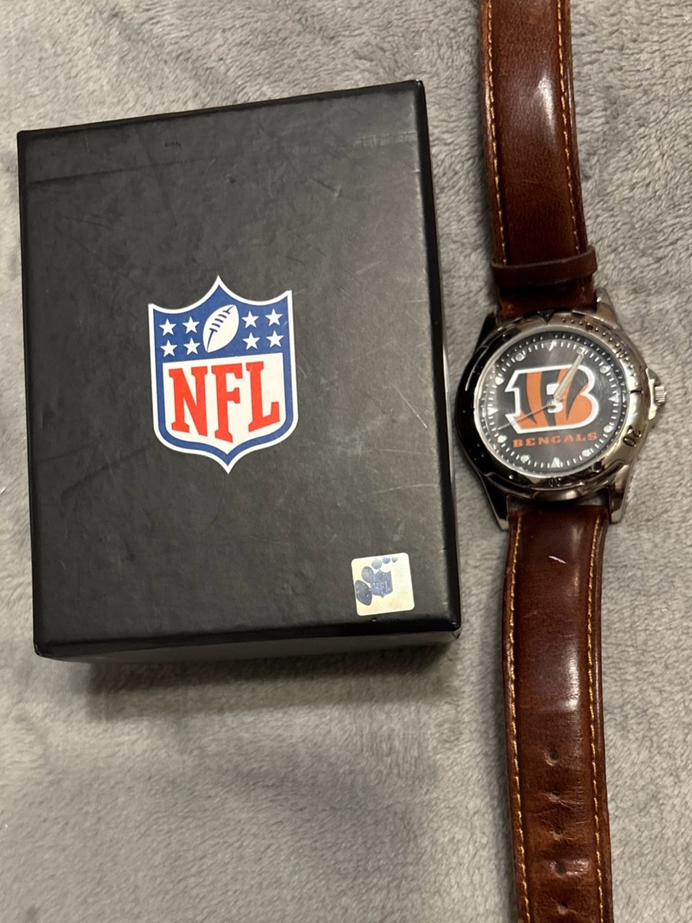 NFL Bengals Brown Leather Strap Logo Watch with Black Dial